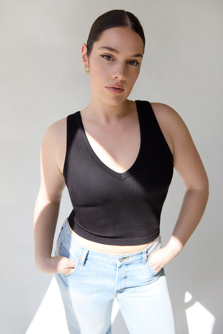 RIBBED BUILT-IN BRA TOP in Black — alternate angle