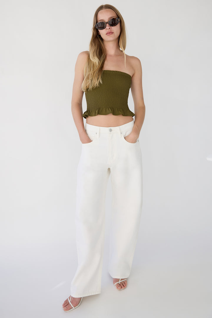 SMOCKED TUBE TOP in Dark Olive — alternate angle