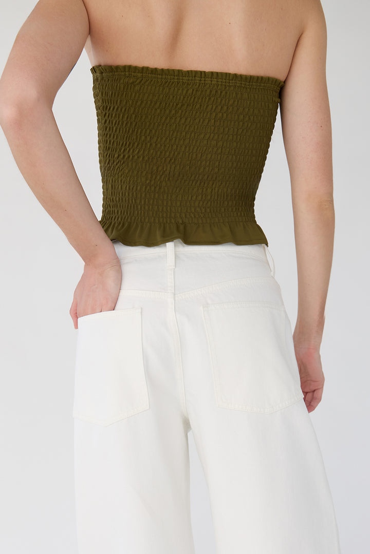 SMOCKED TUBE TOP in Dark Olive — alternate angle