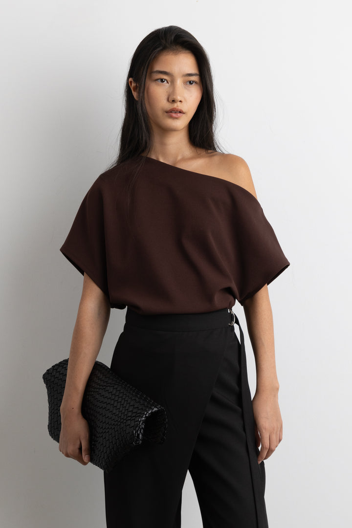 ASYMMETRICAL OFF SHOULDER TOP in Coffee Bean — alternate angle