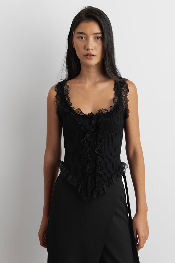 RUFFLED LACE TANK TOP in Black — alternate angle