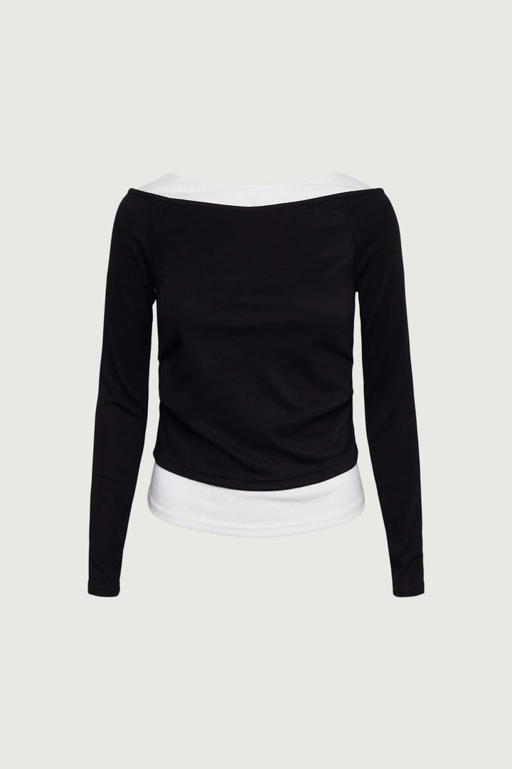 LAYERED BOAT NECK TOP in Black — alternate angle