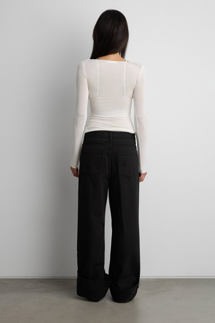 SHEER LIGHTWEIGHT BOAT NECK TOP in Cream — alternate angle