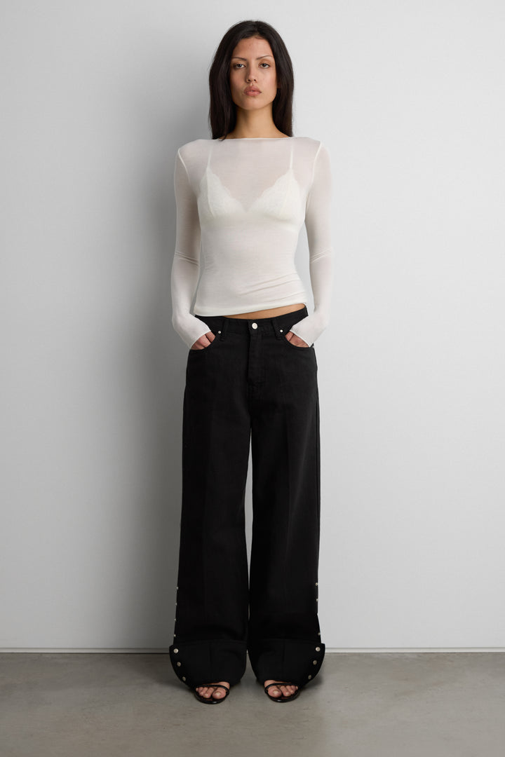 SHEER LIGHTWEIGHT BOAT NECK TOP in Cream — alternate angle