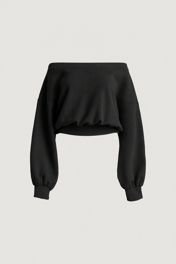FLEECE STUDIO CINCHED WAIST OFF THE SHOULDER SWEATSHIRT in Black — alternate angle