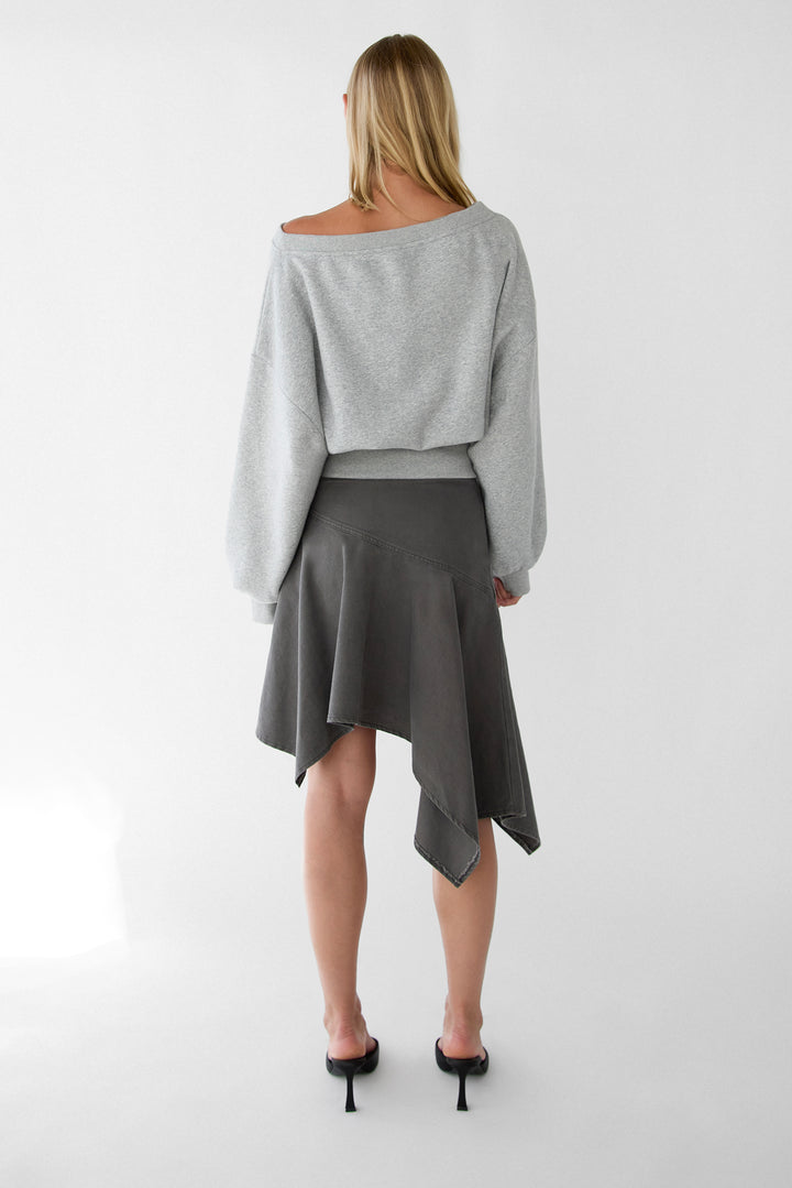 FLEECE STUDIO CINCHED WAIST OFF THE SHOULDER SWEATSHIRT in Medium Heather Grey — alternate angle