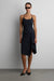 Woven print halter neck tank with open back in navy pinstripe — main image