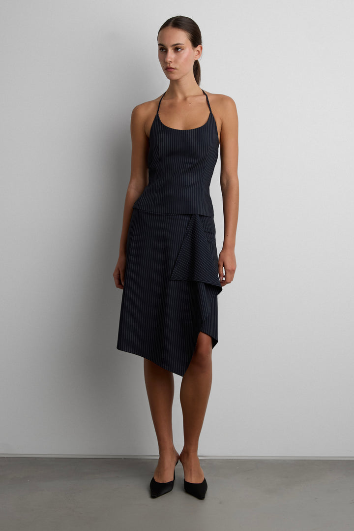 WOVEN PRINT HALTER NECK TANK WITH OPEN BACK in Navy Pinstripe — alternate angle