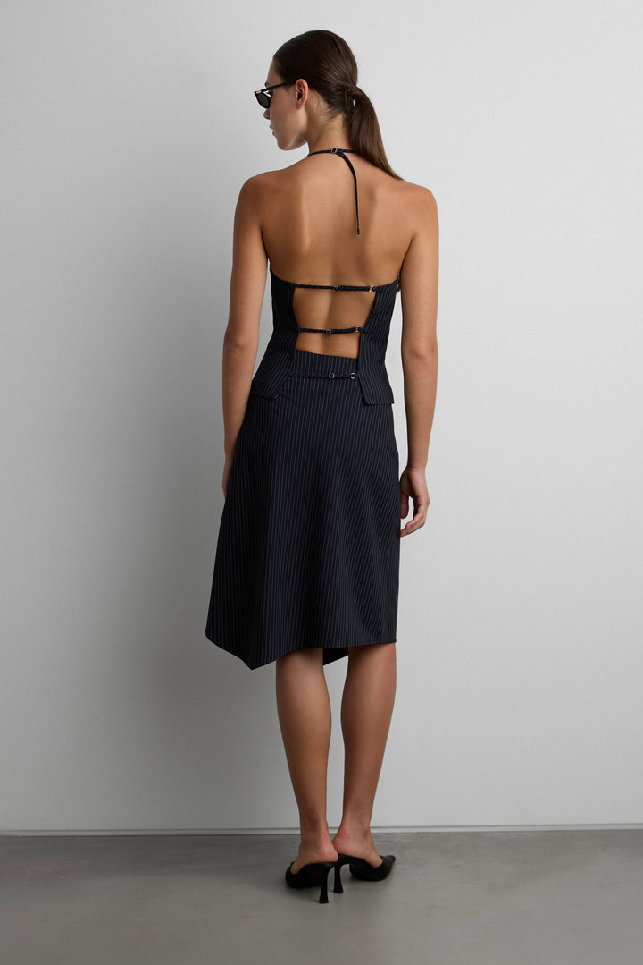 WOVEN PRINT HALTER NECK TANK WITH OPEN BACK in Navy Pinstripe — alternate angle