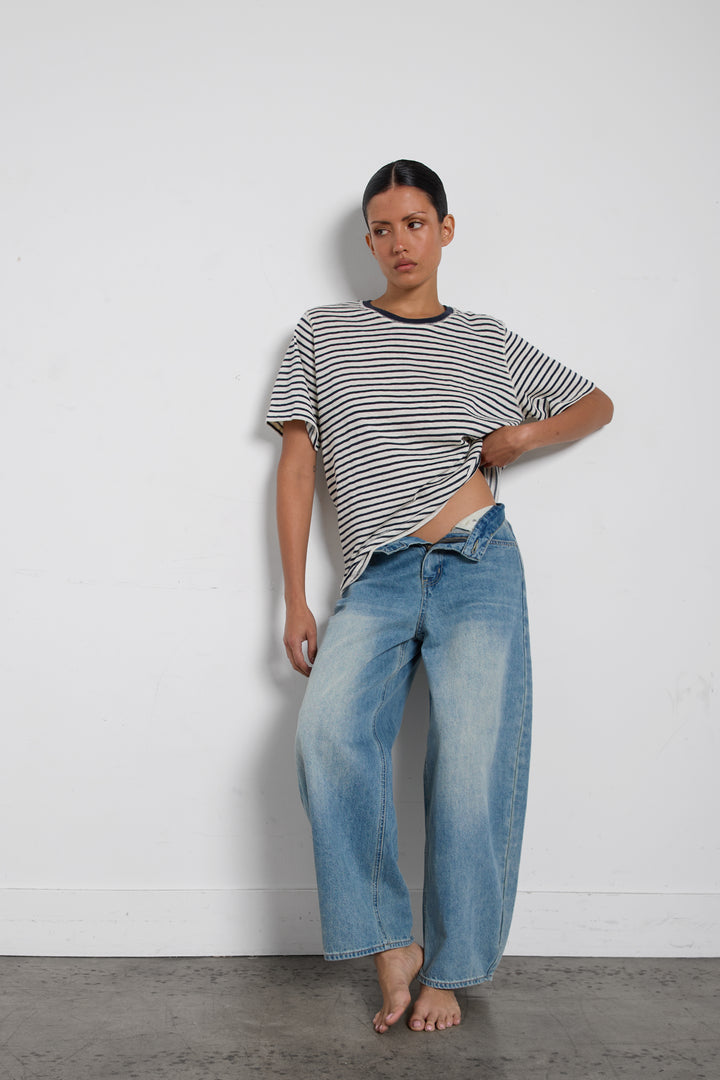 CONTRAST NECK T-SHIRT in Navy Blue Stripe — alternate angle