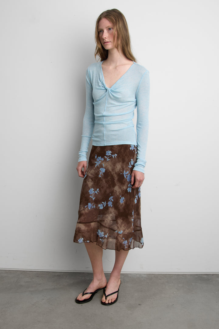 SHEER TWIST-FRONT V-NECK TOP in Ice Blue — alternate angle