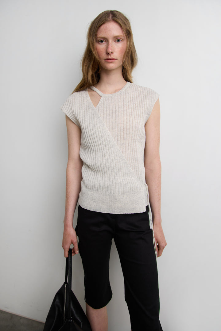 RIBBED CUT OUT TOP WITH TIE FRONT DETAIL in Gray — alternate angle