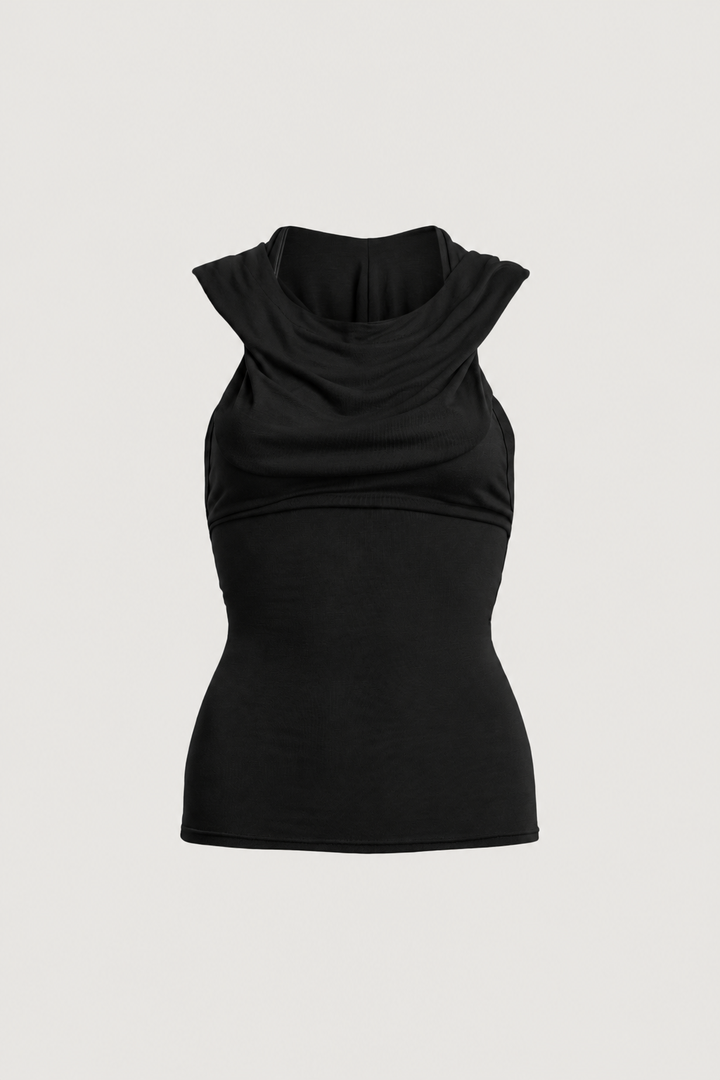 DRAPED COWL NECK SLEEVELESS TOP in Black — alternate angle