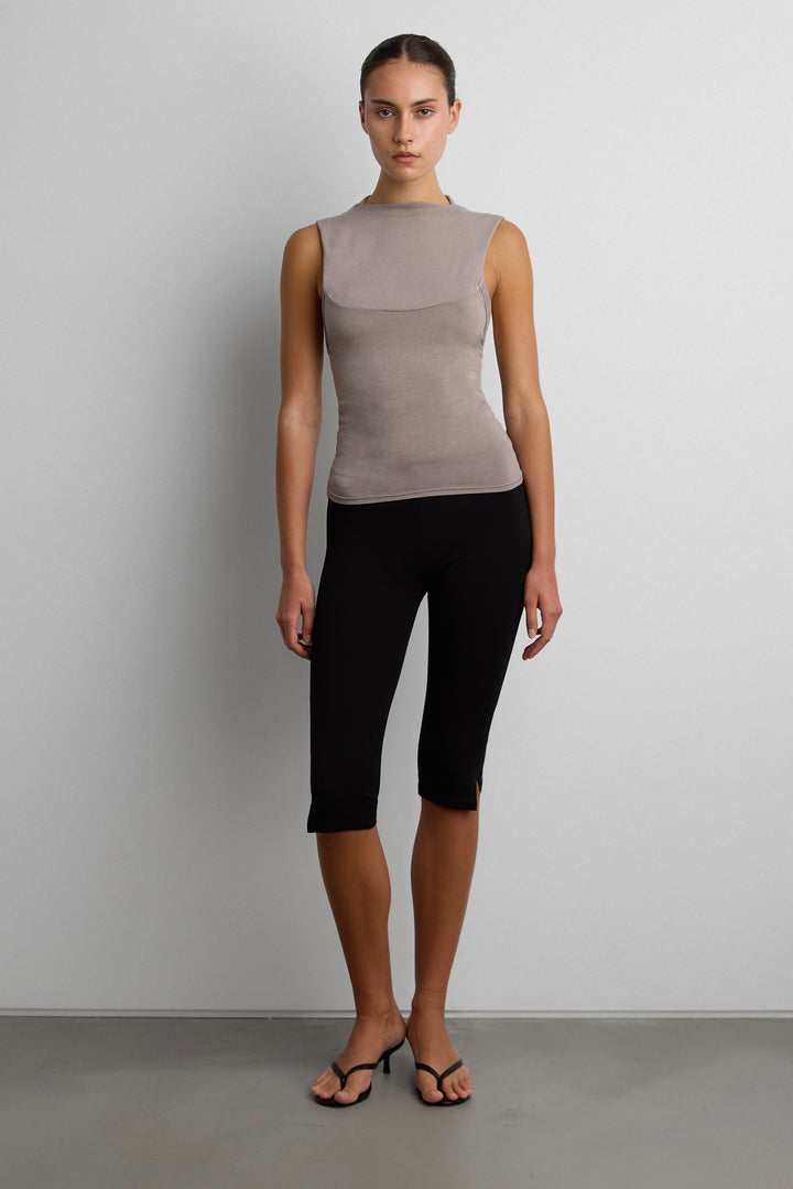 DRAPED COWL NECK SLEEVELESS TOP in Taupe Grey — alternate angle