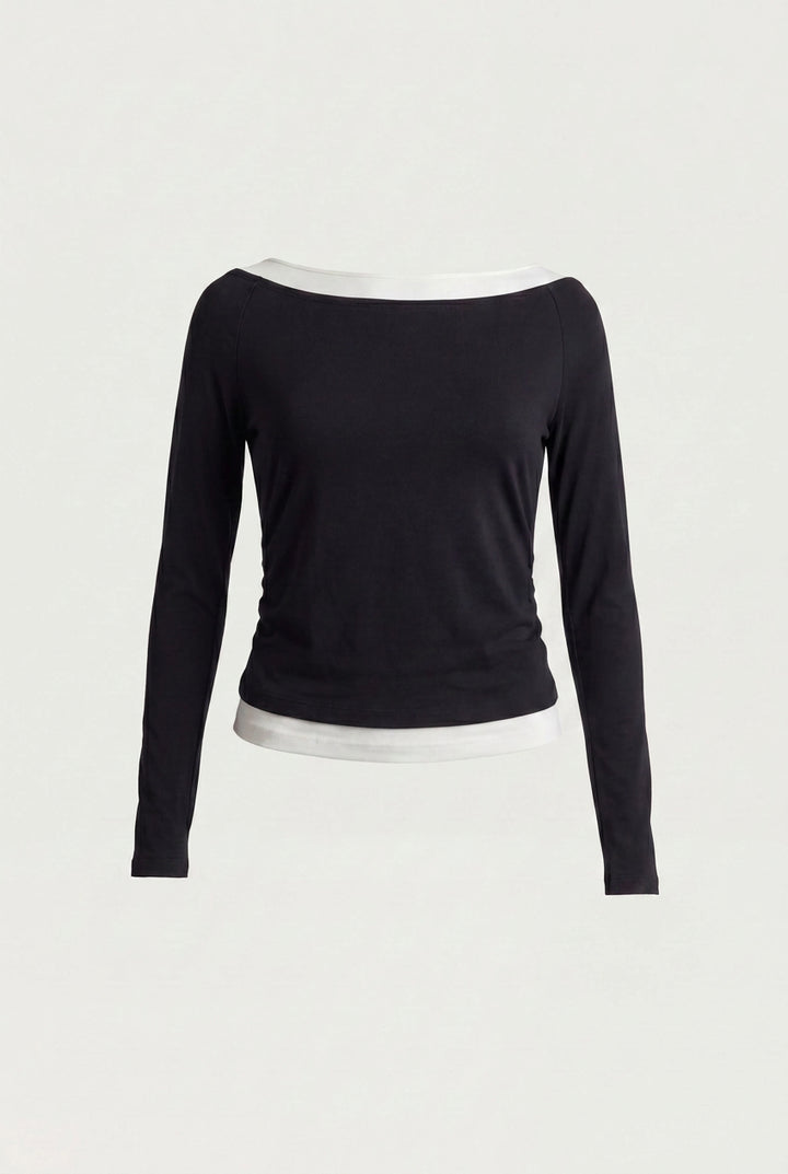 SHIRRED CONTRAST LAYER TOP in Black — alternate angle