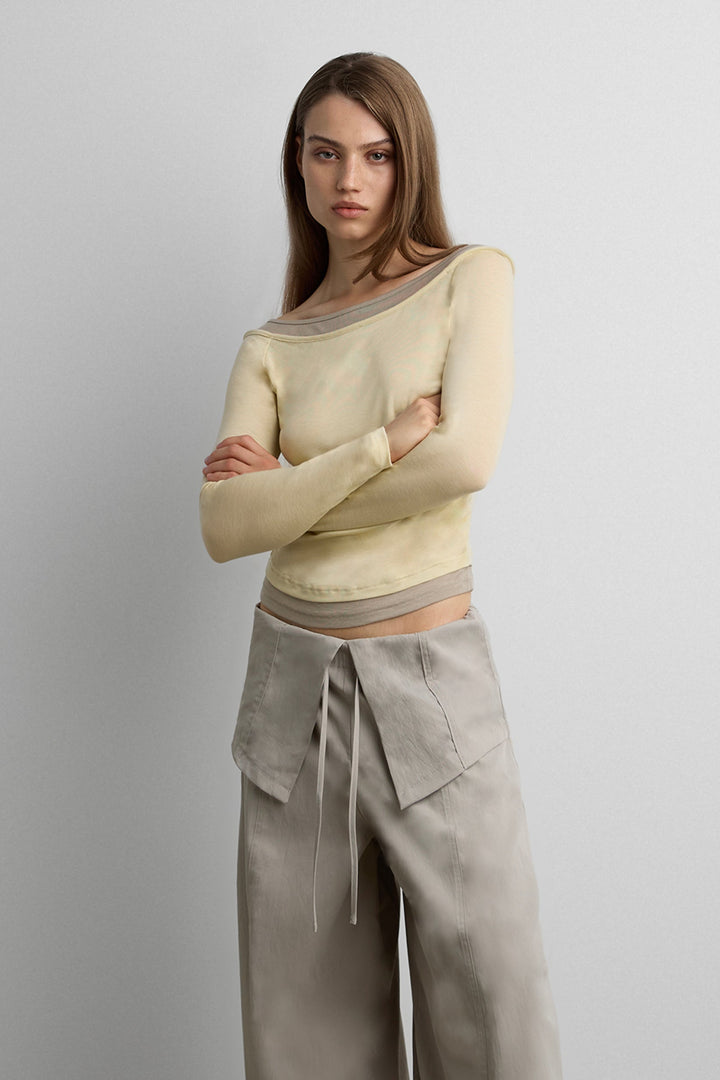 SHIRRED CONTRAST LAYER TOP in Light Khaki — alternate angle