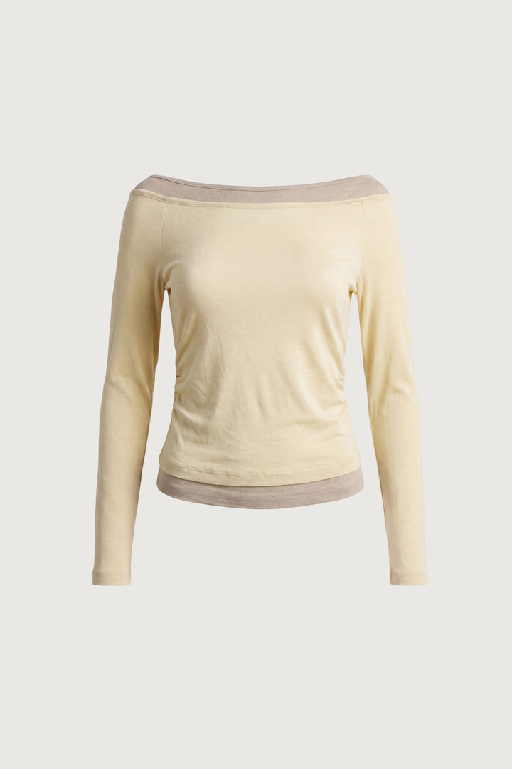 SHIRRED CONTRAST LAYER TOP in Light Khaki — alternate angle