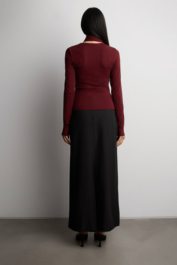 SCARF DRAPED LONG SLEEVE TOP in Wine — alternate angle