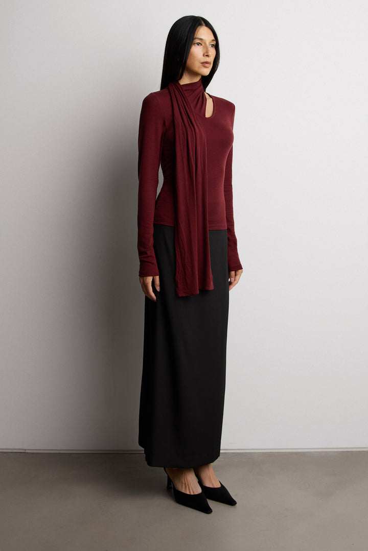 SCARF DRAPED LONG SLEEVE TOP in Wine — alternate angle