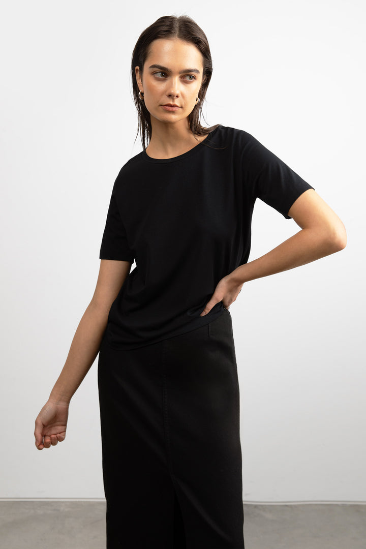 COTTON MODAL CREWNECK T-SHIRT in Black — alternate angle