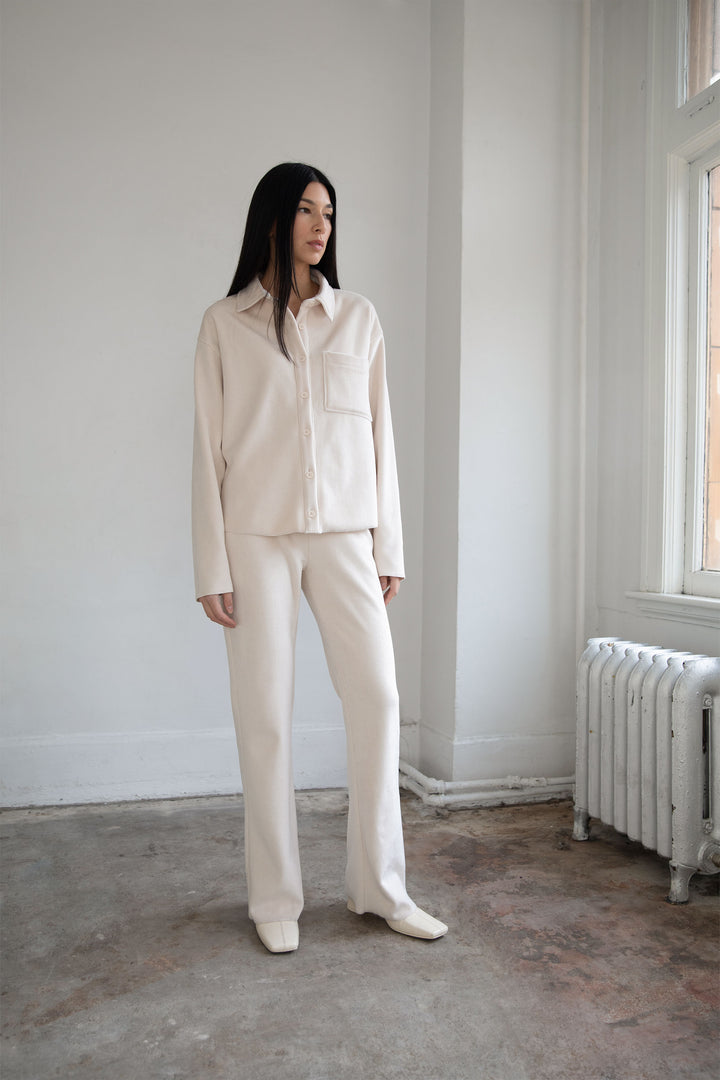 RIB-KNIT BUTTON UP SHIRT in Oatmeal — alternate angle