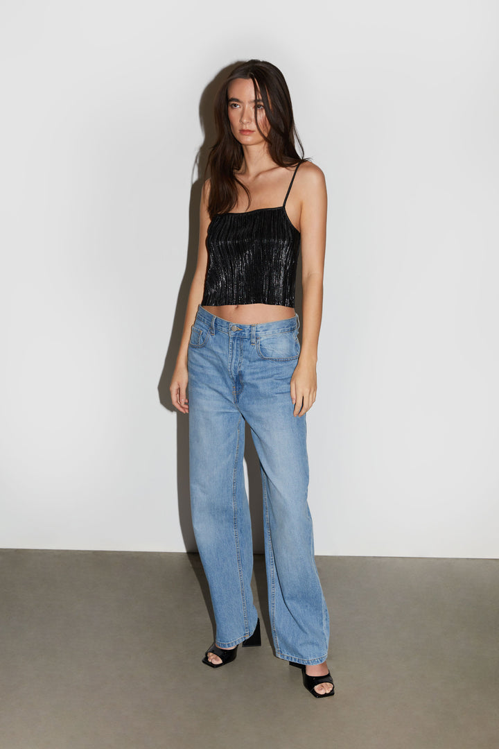 SPARKLY PLEATED TANK TOP in Black Shimmer — alternate angle