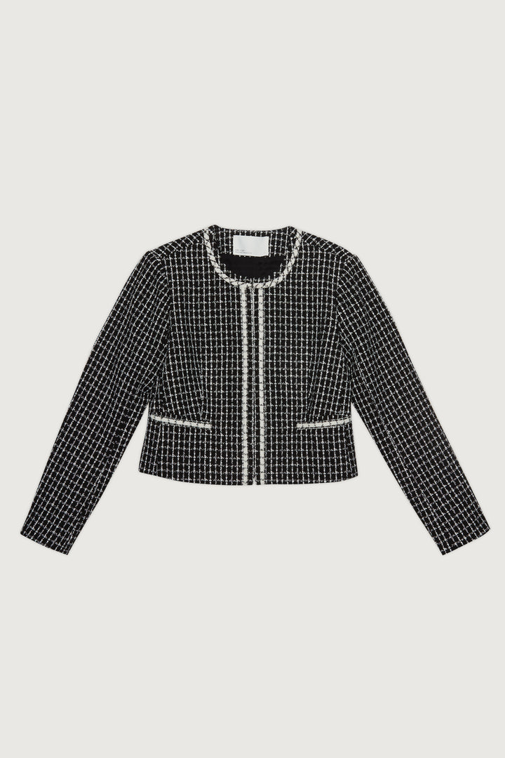 TWEED COLLARLESS BLAZER in Black Cream Grid — alternate angle
