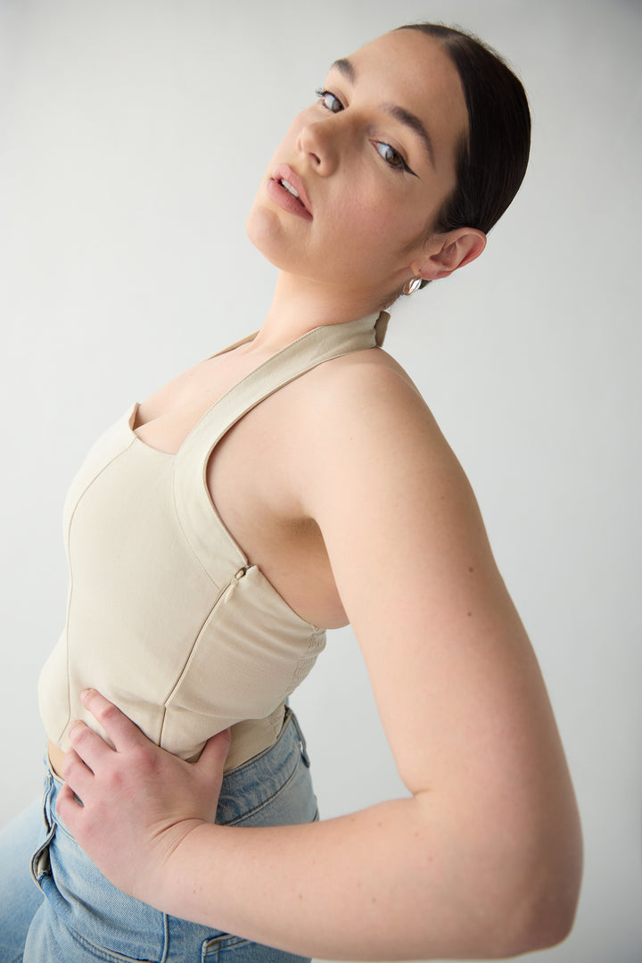 LINEN BLEND HALTER SQUARE NECK TOP in Seashell — alternate angle