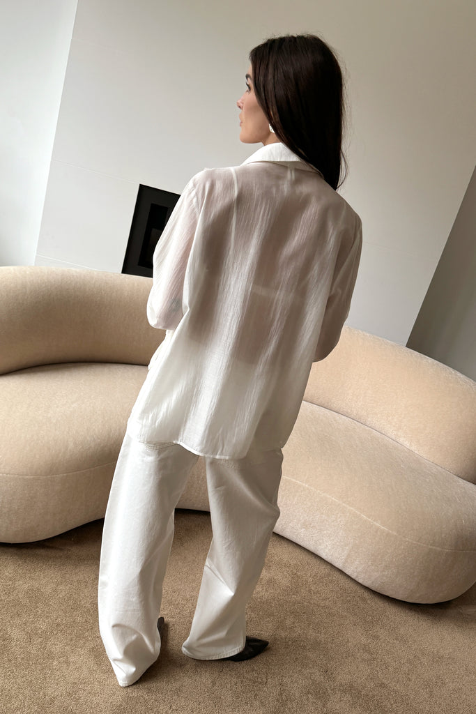 Off White Double Ruffle Sleeve Front Tie Blouse