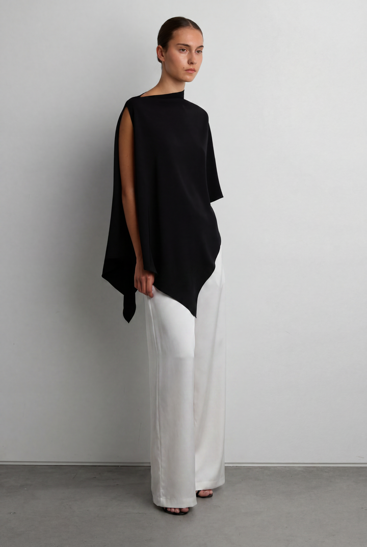 ASYMMETRICAL DRAPE CAPE TOP in Black — alternate angle