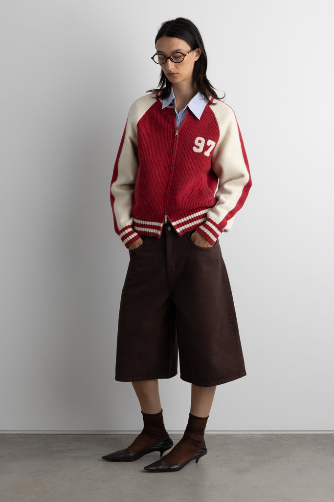 Two Tone Varsity Zip-Up Knit Cardigan | OAK + FORT