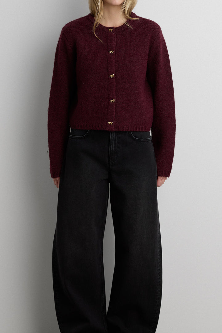 BOW BUTTON FRONT WOOL-BLEND CARDIGAN in Wine — alternate angle
