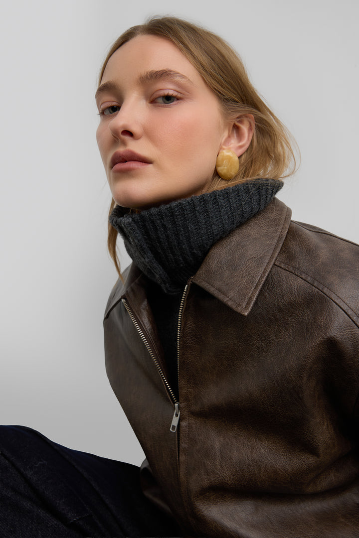 HIGH COLLAR BUTTON FRONT CARDIGAN in ASPHALT — alternate angle