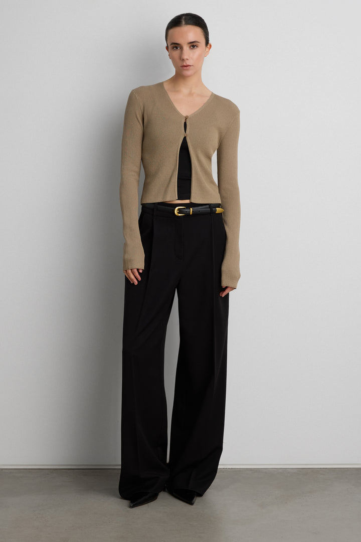 CROPPED LONG SLEEVE CARDIGAN in Taupe — alternate angle