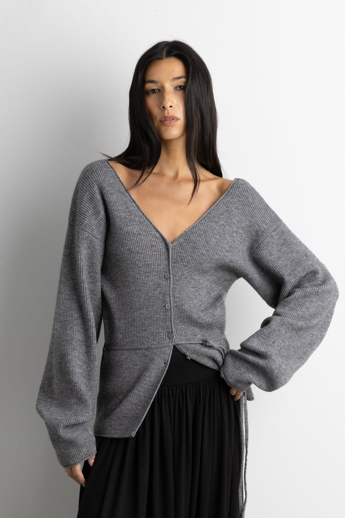 V-Neckline Sweater with Waist Tie | OAK + FORT