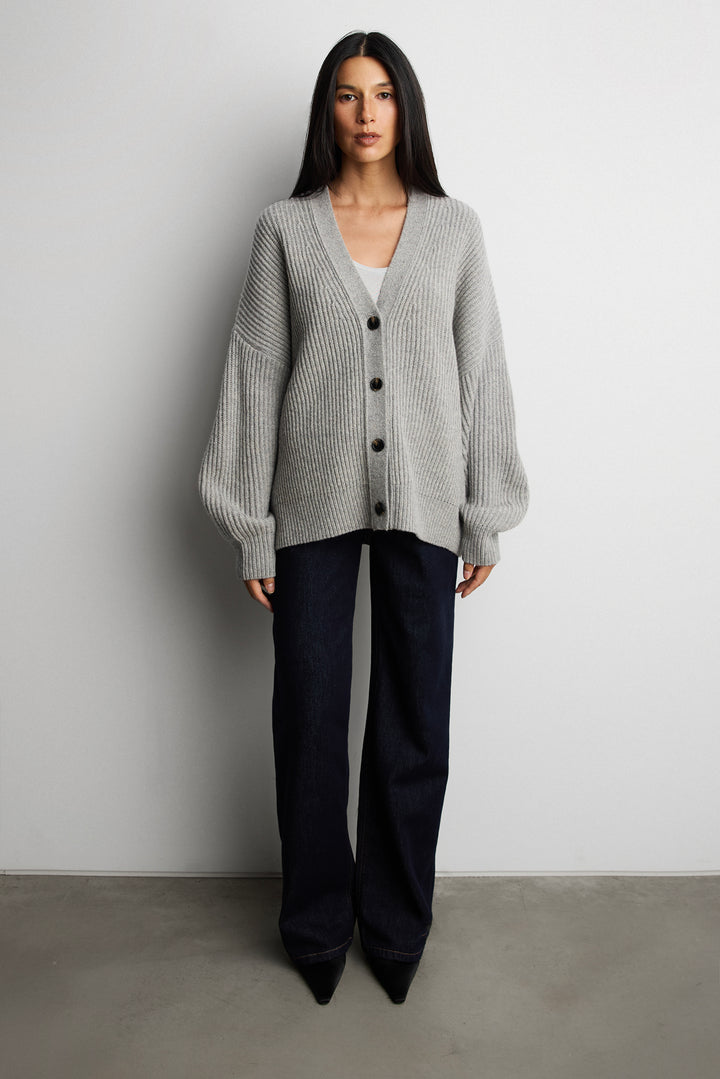 100% WOOL OVERSIZED BUTTON FRONT CARDIGAN in Light Heather Grey — alternate angle