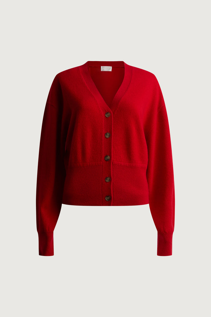 100% CASHMERE BUTTON UP CARDIGAN in Crimson — alternate angle