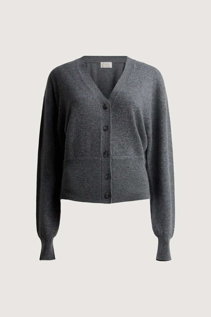 100% CASHMERE BUTTON UP CARDIGAN in Dark Heather Grey — alternate angle