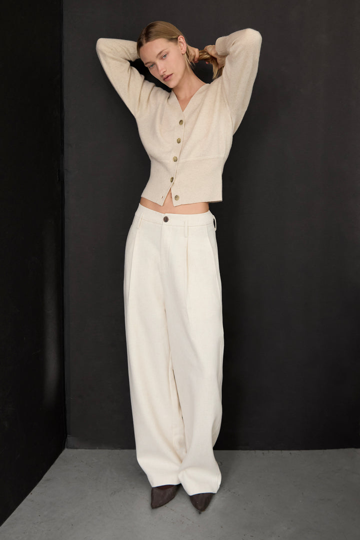 100% CASHMERE BUTTON UP CARDIGAN in Heather Oatmeal — alternate angle
