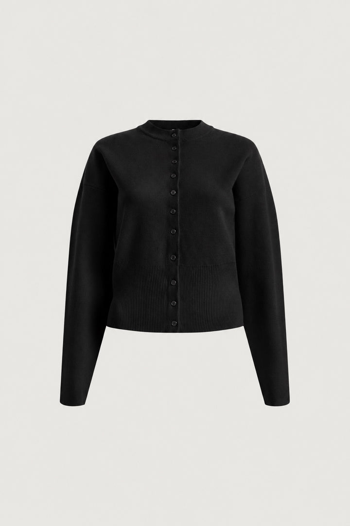 CINCHED WAIST BUTTON FRONT CARDIGAN in Black — alternate angle