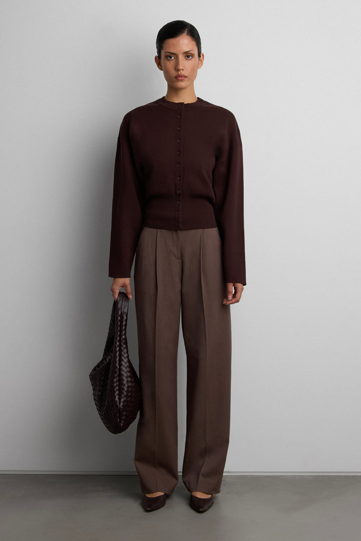 CINCHED WAIST BUTTON FRONT CARDIGAN in Coffee Bean — alternate angle