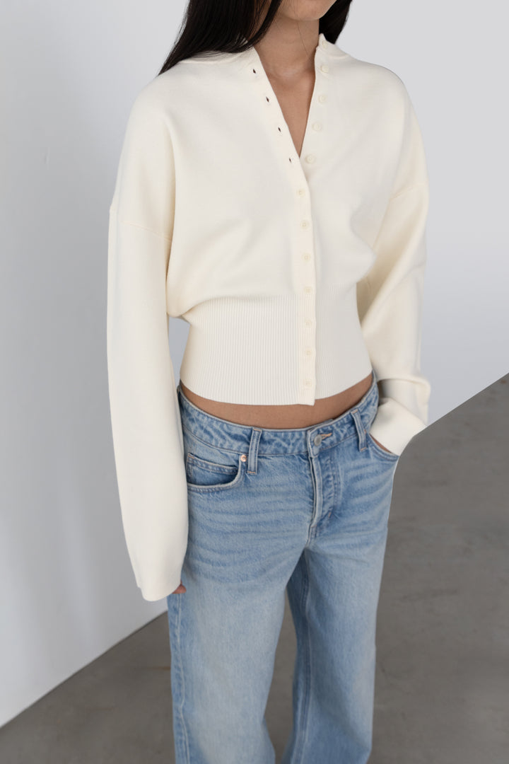 CINCHED WAIST BUTTON FRONT CARDIGAN in Cream — alternate angle