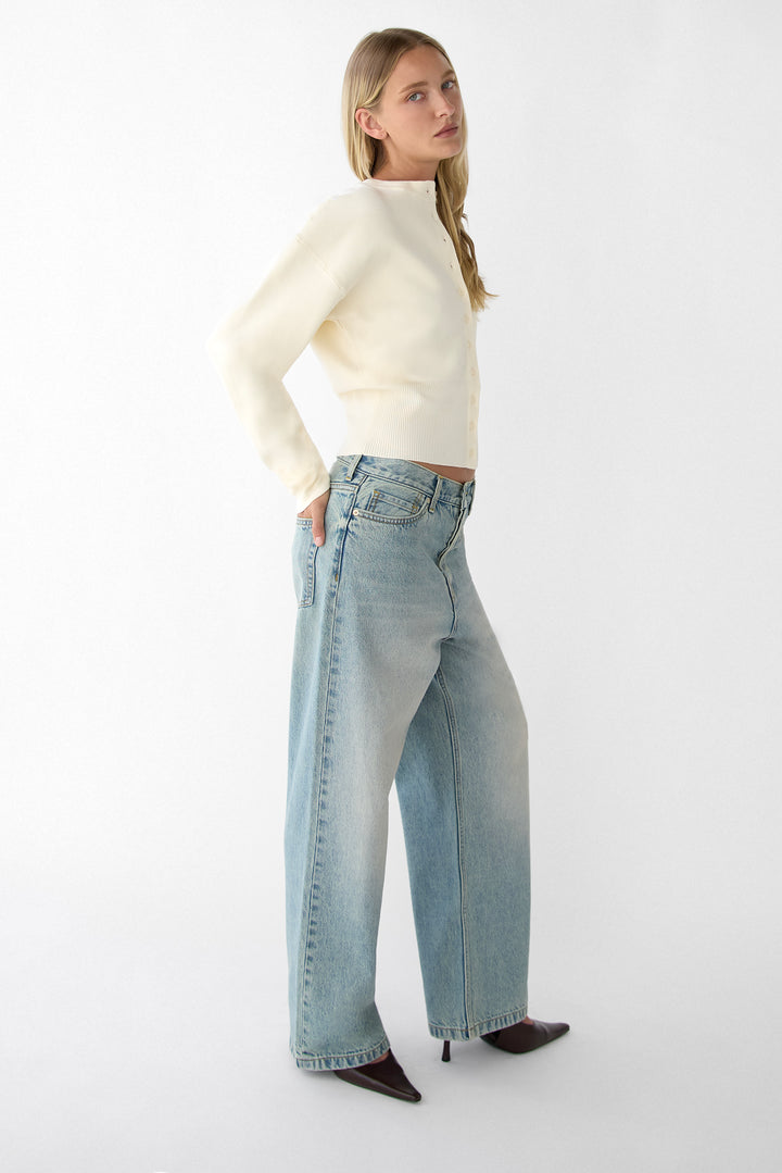 CINCHED WAIST BUTTON FRONT CARDIGAN in Cream — alternate angle