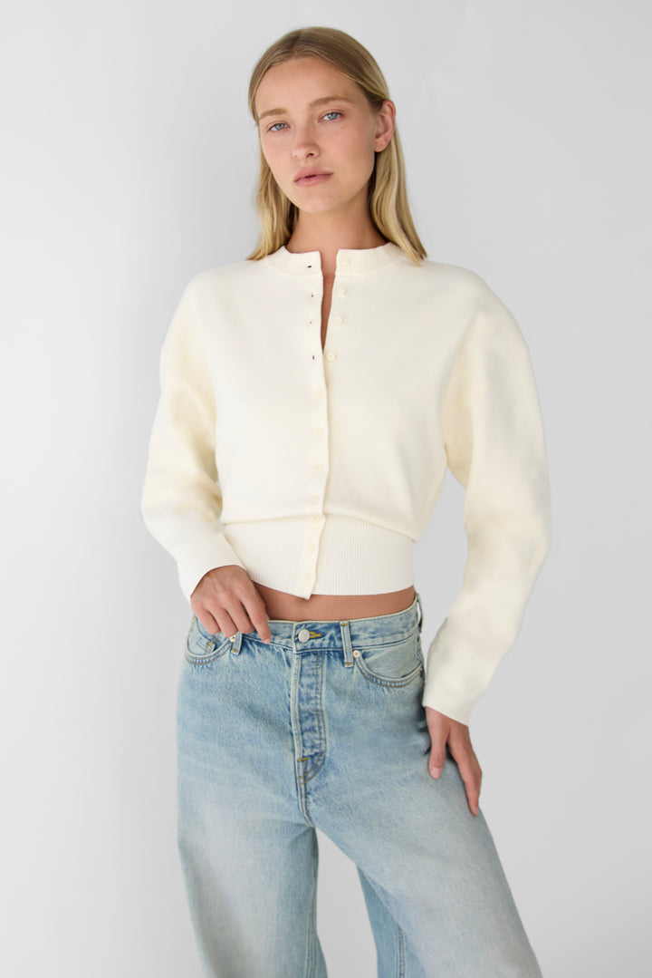 CINCHED WAIST BUTTON FRONT CARDIGAN in Cream — alternate angle