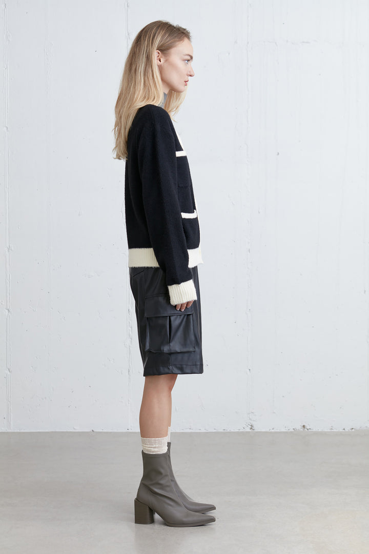 FUZZY COLOUR BLOCK CARDIGAN in Black Cream — alternate angle