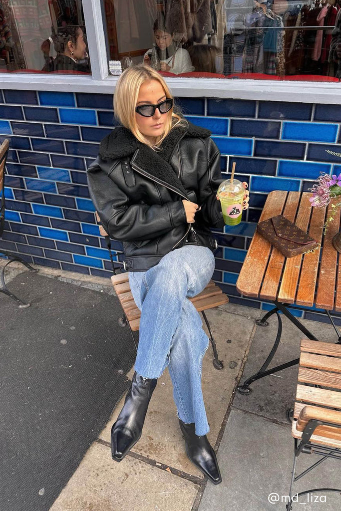 Black oversized aviator faux shearling coat hotsell