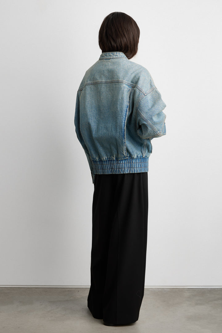 DENIM MOTO BOMBER JACKET in Green Cast Medium Wash — alternate angle