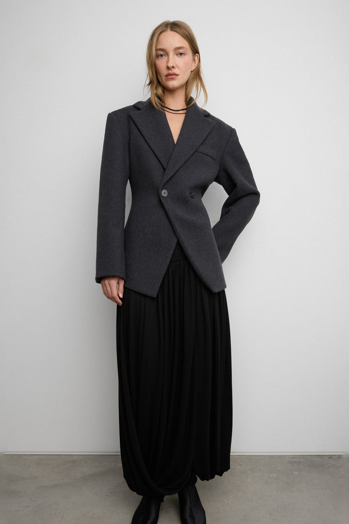 DOUBLE-BREASTED WOOL BLEND WAIST BLAZER COAT in Dark Heather Grey — alternate angle