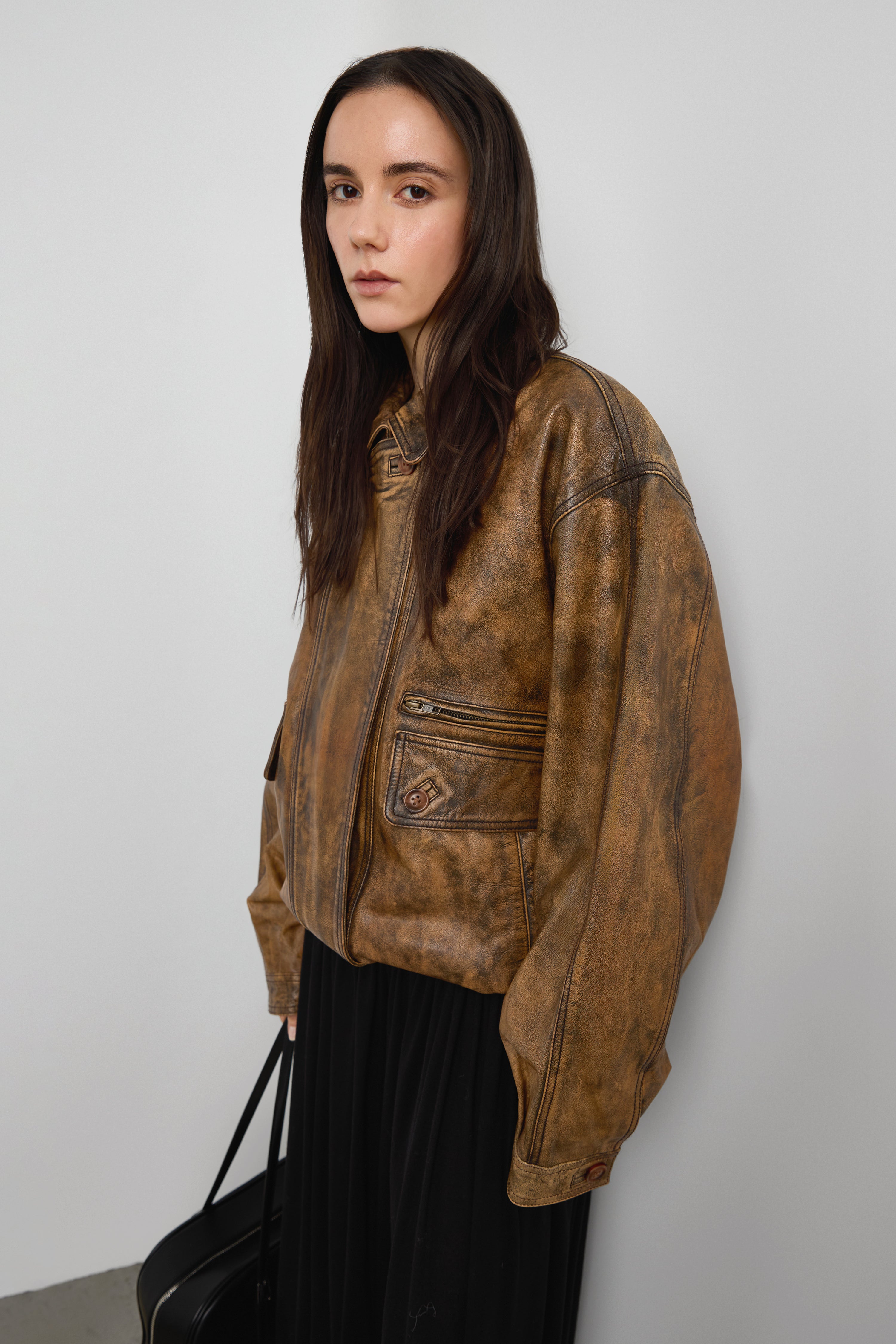 Genuine Leather Brown Distressed Bomber Jacket | OAK + FORT