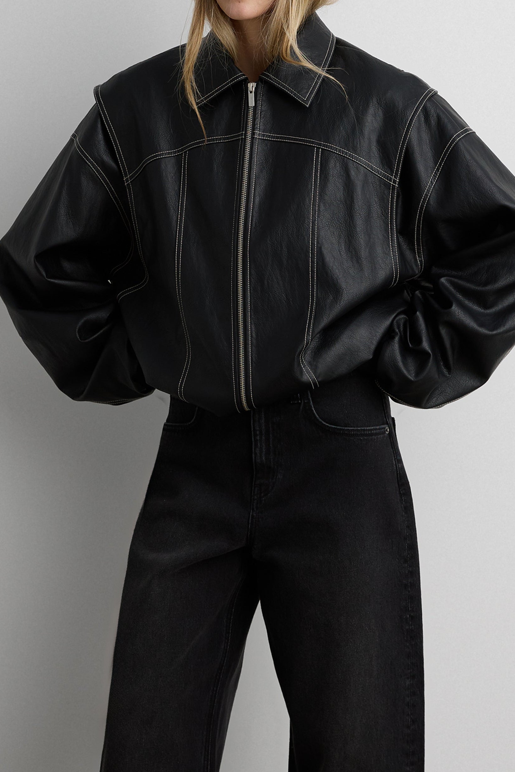 Layered Detail Contrast Stitch Vegan Leather Bomber | OAK + FORT